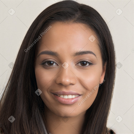 Joyful latino young-adult female with long  brown hair and brown eyes