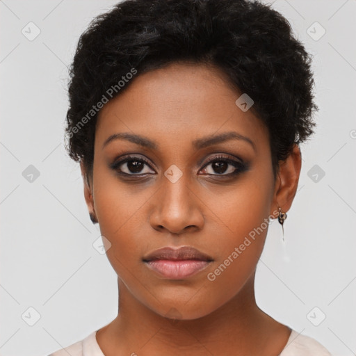 Neutral latino young-adult female with short  black hair and brown eyes