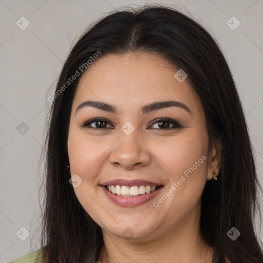 Joyful white young-adult female with long  brown hair and brown eyes