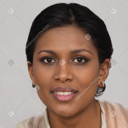 Joyful latino young-adult female with short  brown hair and brown eyes