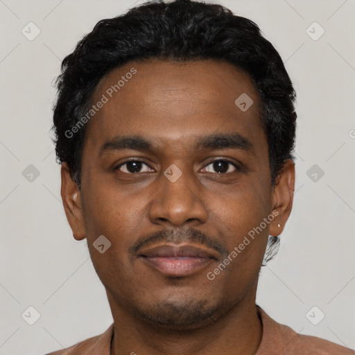 Neutral black young-adult male with short  black hair and brown eyes