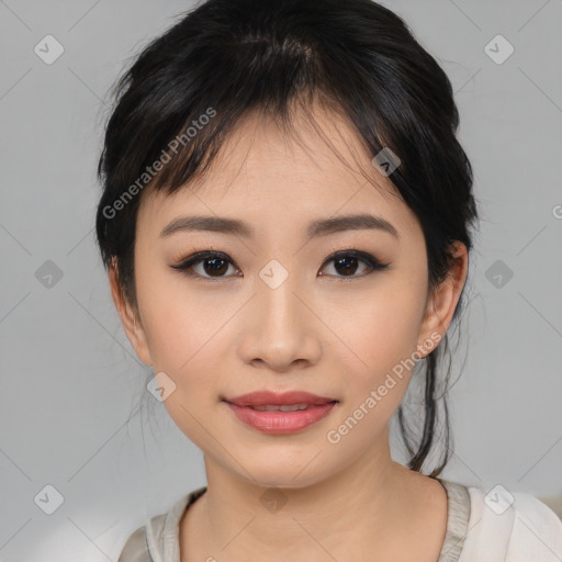 Joyful asian young-adult female with medium  black hair and brown eyes