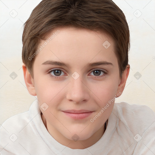 Joyful white child female with short  brown hair and brown eyes