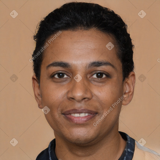 Joyful black young-adult male with short  black hair and brown eyes