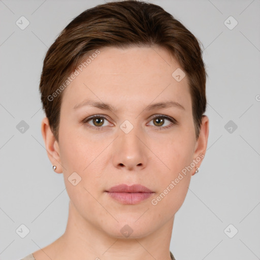 Neutral white young-adult female with short  brown hair and brown eyes