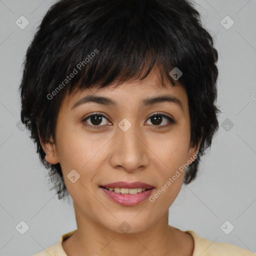 Joyful asian young-adult female with short  brown hair and brown eyes