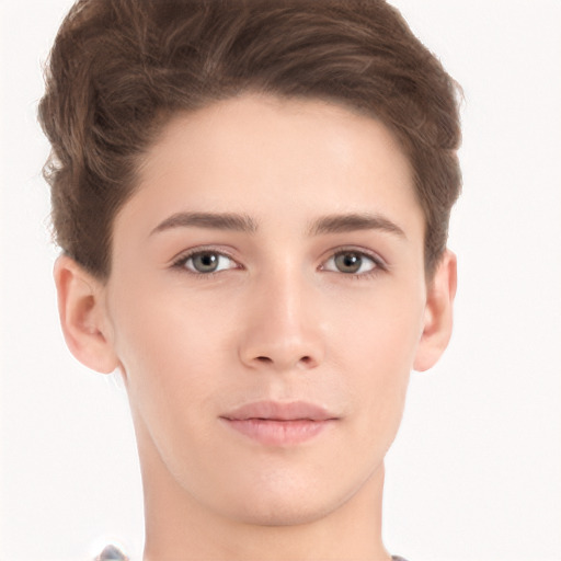 Neutral white young-adult female with short  brown hair and brown eyes