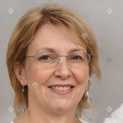 Joyful white middle-aged female with medium  brown hair and blue eyes