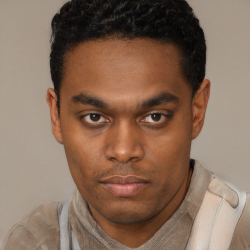 Neutral black young-adult male with short  black hair and brown eyes