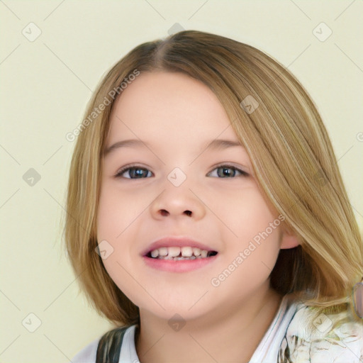 Joyful white child female with medium  brown hair and brown eyes