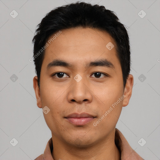 Neutral asian young-adult male with short  black hair and brown eyes