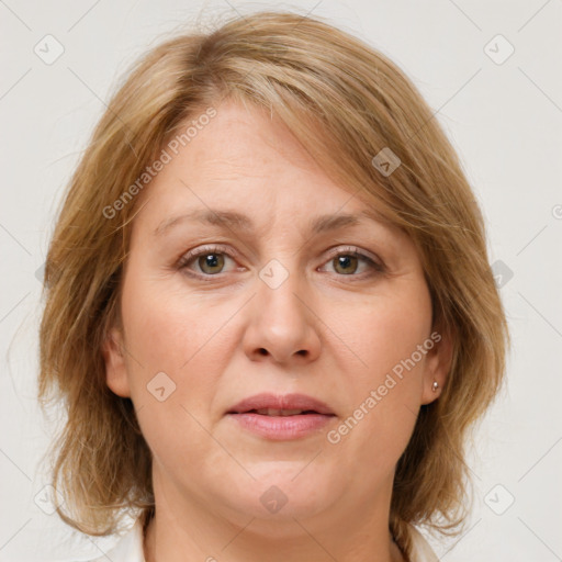 Joyful white adult female with medium  brown hair and grey eyes