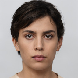 Neutral white young-adult female with short  brown hair and brown eyes