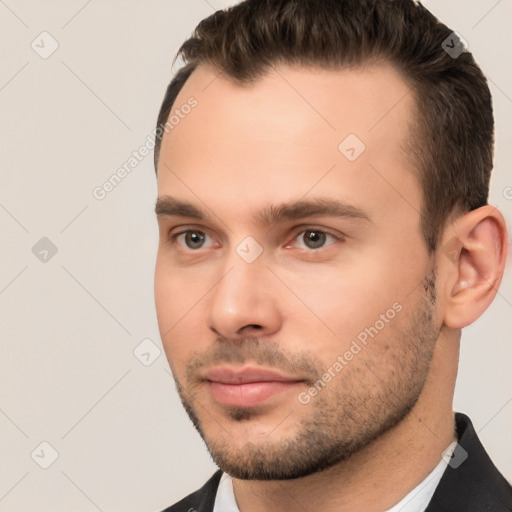 Neutral white young-adult male with short  brown hair and brown eyes