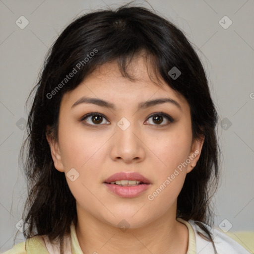 Neutral asian young-adult female with medium  brown hair and brown eyes