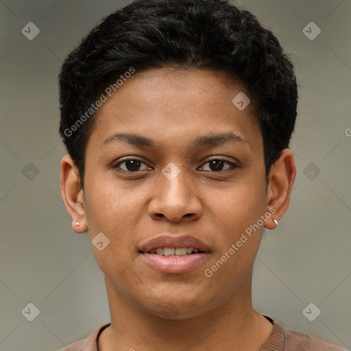 Joyful latino young-adult female with short  brown hair and brown eyes