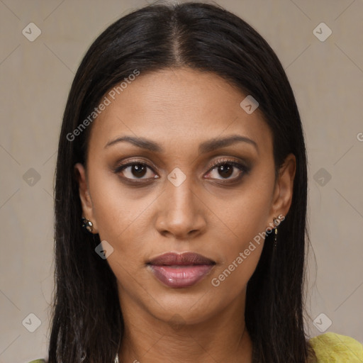 Joyful asian young-adult female with long  brown hair and brown eyes