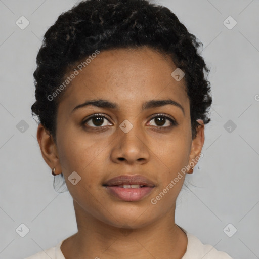 Neutral black young-adult female with short  black hair and brown eyes