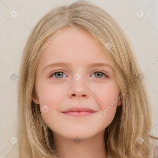 Joyful white child female with medium  brown hair and grey eyes