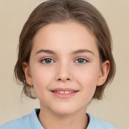 Joyful white child female with medium  brown hair and brown eyes