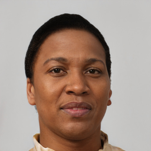 Joyful black adult female with short  brown hair and brown eyes