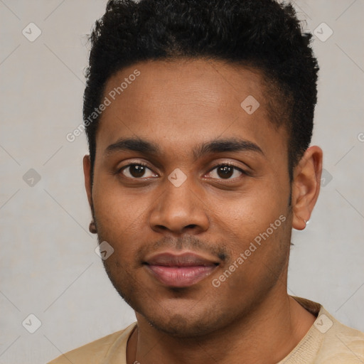 Neutral black young-adult male with short  black hair and brown eyes