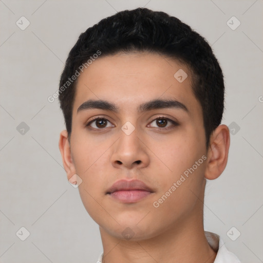 Neutral latino young-adult male with short  black hair and brown eyes