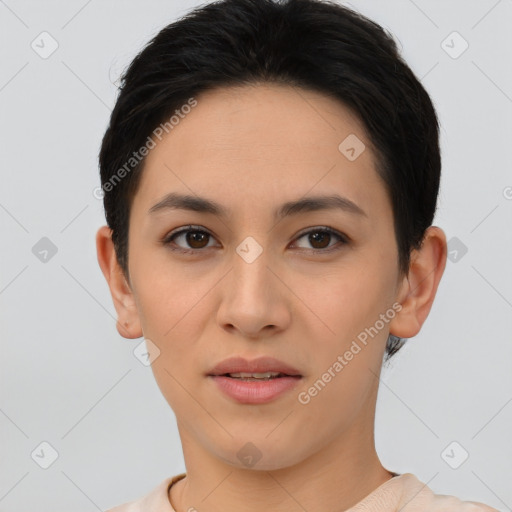 Joyful asian young-adult female with short  brown hair and brown eyes