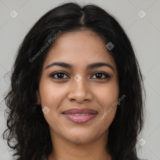 Joyful latino young-adult female with long  brown hair and brown eyes