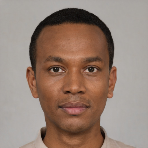 Neutral black young-adult male with short  black hair and brown eyes