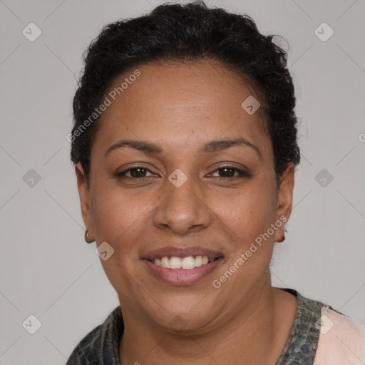 Joyful white adult female with short  brown hair and brown eyes