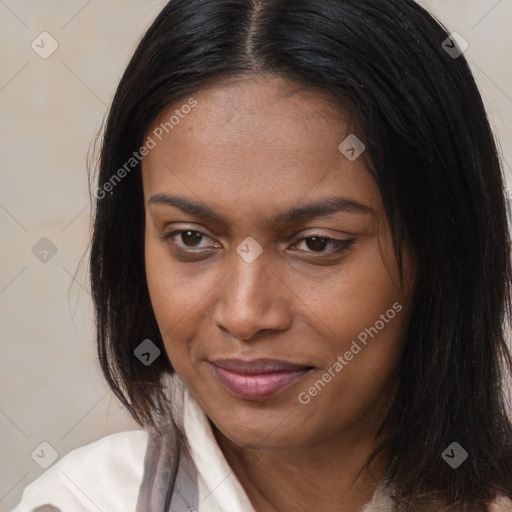 Joyful black young-adult female with long  brown hair and brown eyes