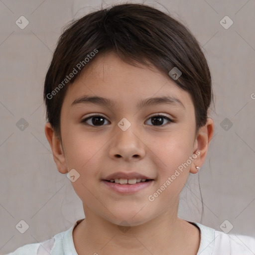 Joyful white child female with short  brown hair and brown eyes