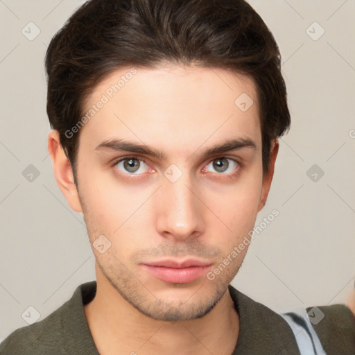 Neutral white young-adult male with short  brown hair and brown eyes