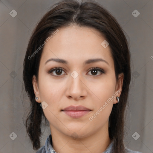 Neutral white young-adult female with medium  brown hair and brown eyes