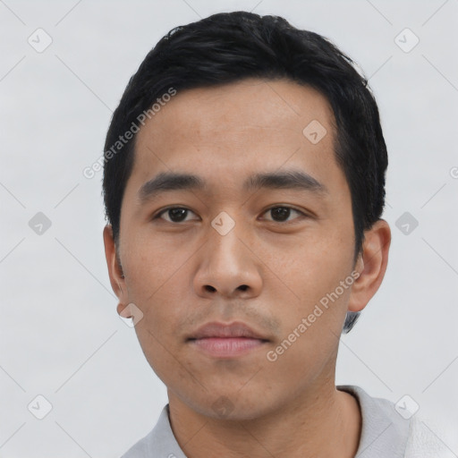 Neutral asian young-adult male with short  black hair and brown eyes