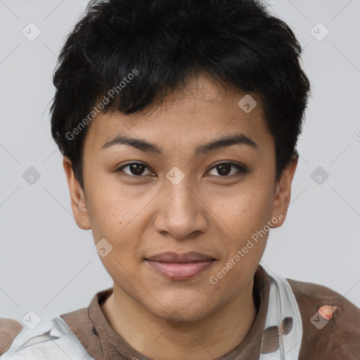 Joyful asian young-adult female with short  brown hair and brown eyes