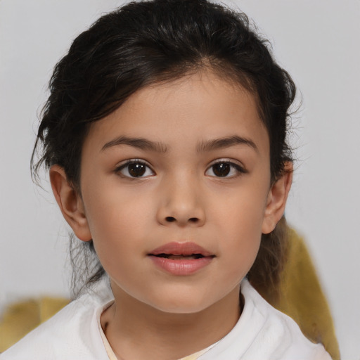 Joyful asian child female with medium  brown hair and brown eyes