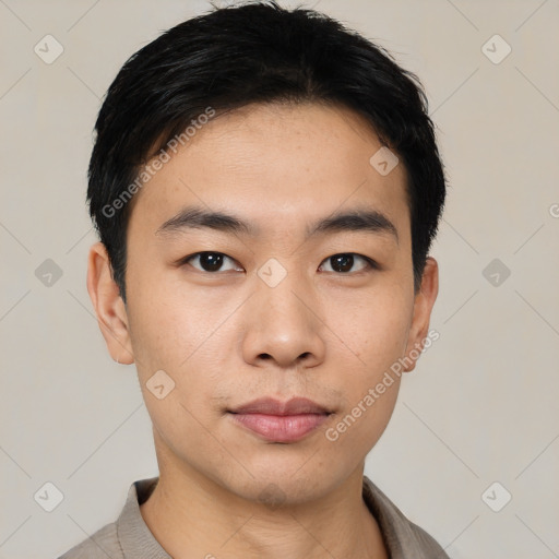 Neutral asian young-adult male with short  black hair and brown eyes