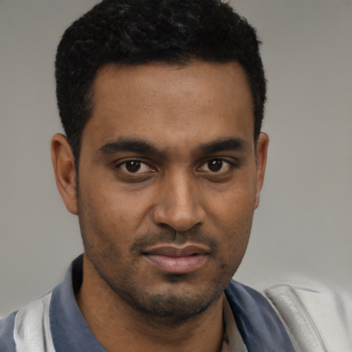 Neutral black young-adult male with short  black hair and brown eyes