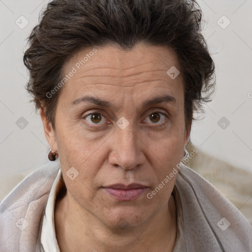 Joyful white adult female with short  brown hair and brown eyes