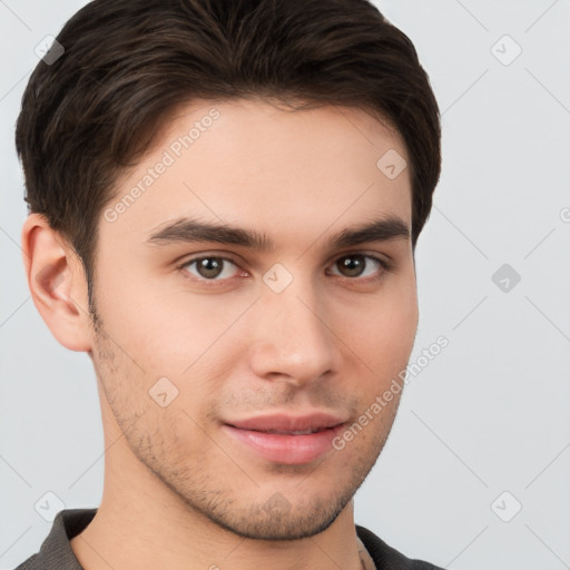 Neutral white young-adult male with short  brown hair and brown eyes