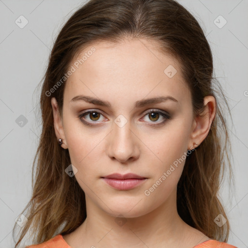 Neutral white young-adult female with medium  brown hair and brown eyes