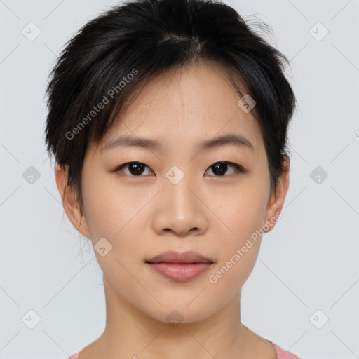 Neutral asian young-adult female with short  black hair and brown eyes