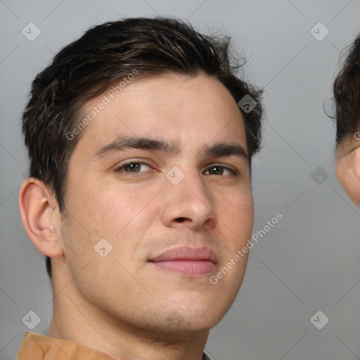 Neutral white young-adult male with short  brown hair and brown eyes