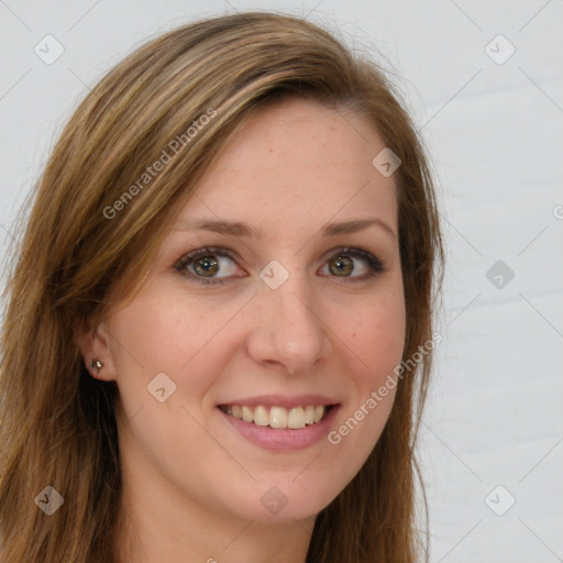 Joyful white young-adult female with long  brown hair and green eyes