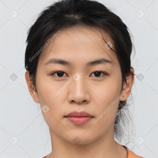 Neutral asian young-adult female with short  brown hair and brown eyes