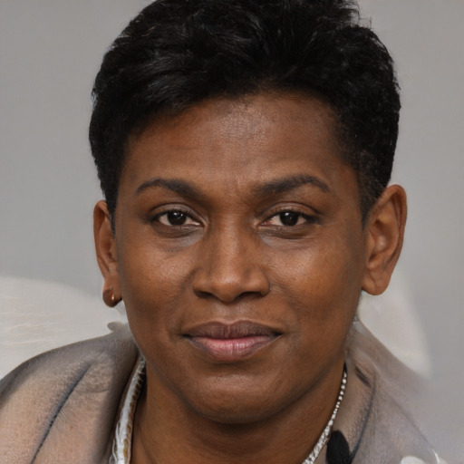 Joyful black adult female with short  brown hair and brown eyes