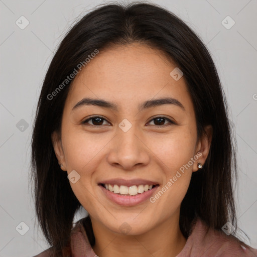 Joyful white young-adult female with long  brown hair and brown eyes