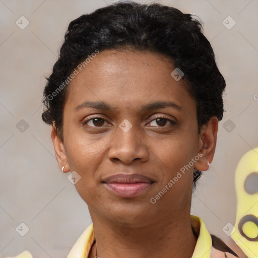 Joyful latino young-adult female with short  brown hair and brown eyes